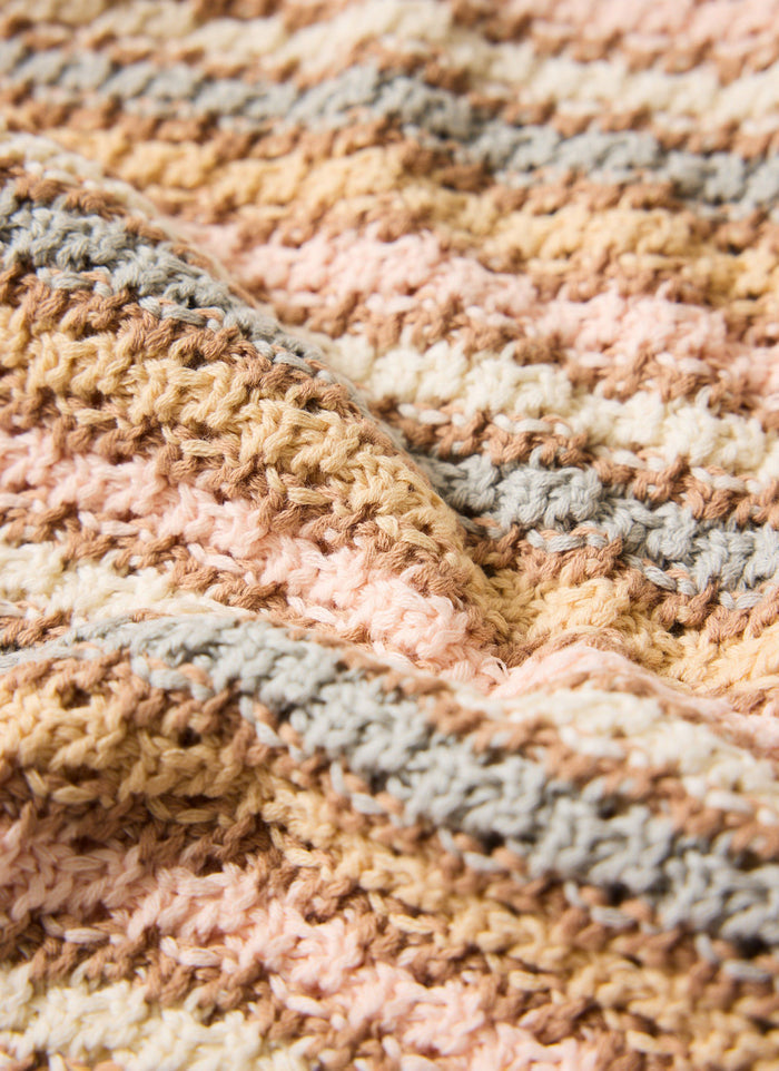 A close-up of the multi-coloured striped cotton knit of the Sari Stripe Knitted Shirt from Percival.