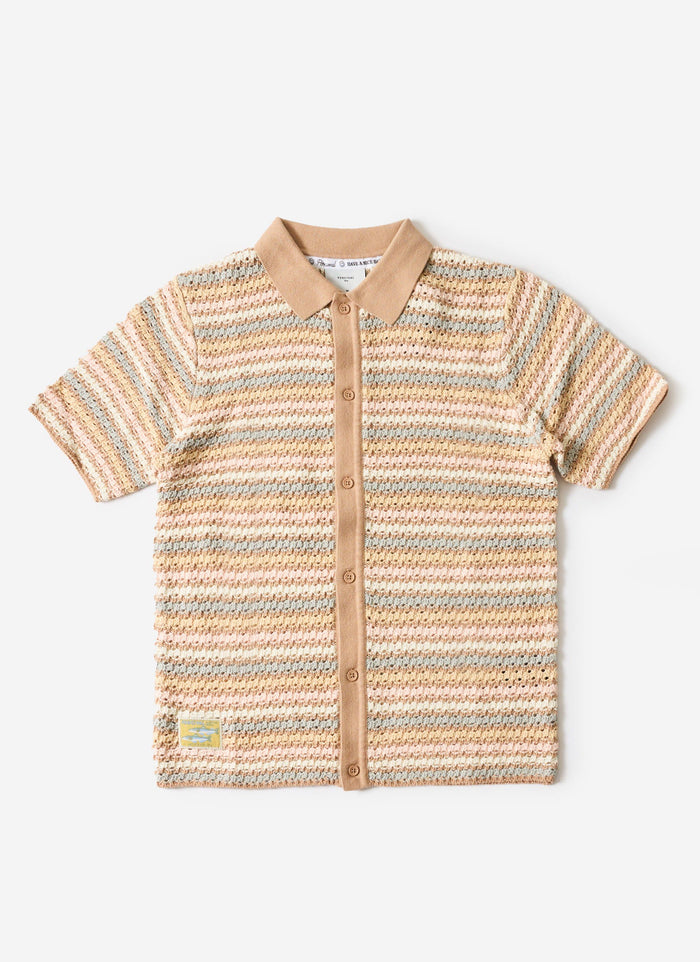 A flat lay of the Percival Sari Stripe Knitted Shirt in ecru, featuring multi-coloured stripes, a collar and button front.