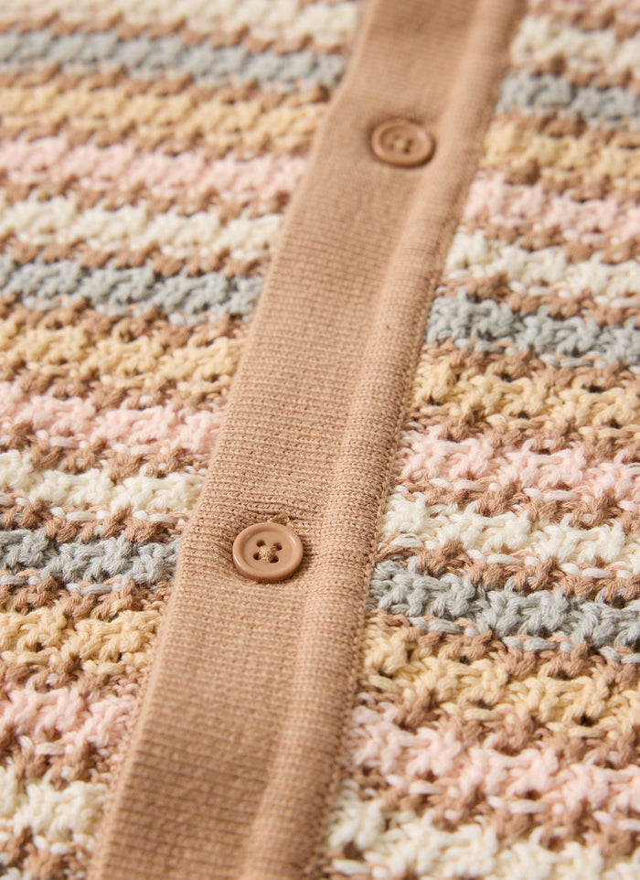 Close up of the multi-coloured striped cotton knit and button detail on the Sari Stripe Knitted Shirt from Percival.