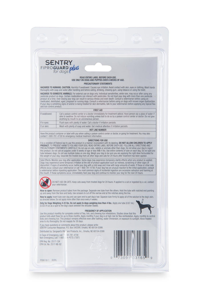 SENTRY Fiproguard Plus Topical Flea & Tick Prevention for Dogs - O8AE - 4 - 22 lbs - 6 pack (6 Month Supply) - 2