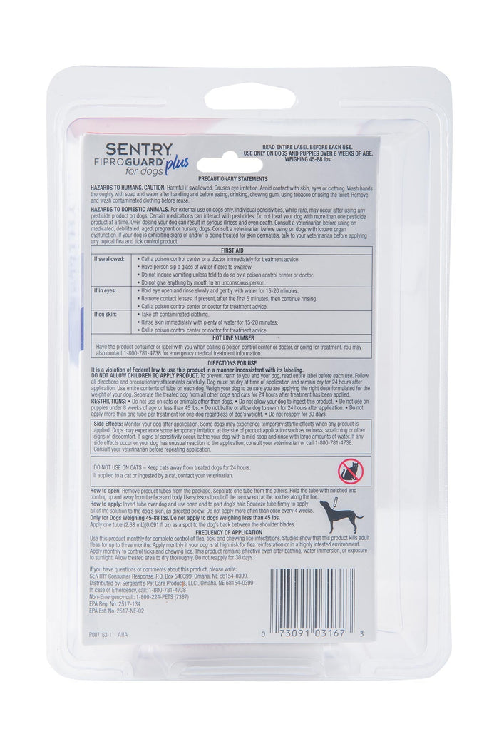 SENTRY Fiproguard Plus Topical Flea & Tick Prevention for Dogs - O8AG - 45 - 88 lbs - 6 pack (6 Month Supply) - 6