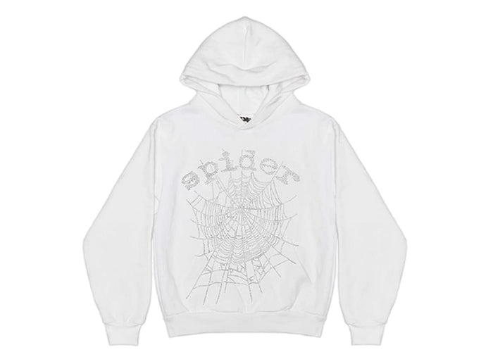 Sp5der OG Rhinestone Logo Hoodie White