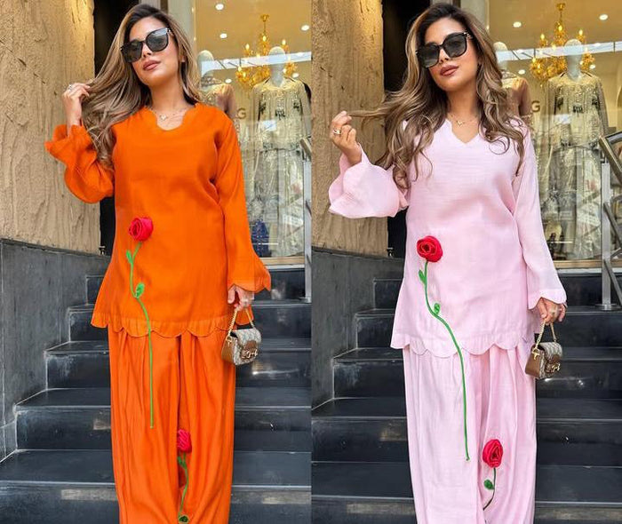 Statement Rose Applique 2-Piece Linen Suit – Scalloped Tunic Kurta with Wide-Leg Trousers Co-Ord Set