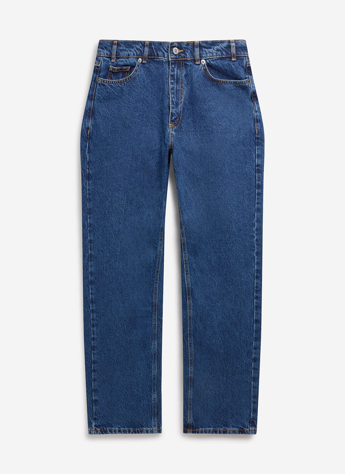 Percival straight leg denim jeans in mid wash blue, shown flat from the front against a white background.