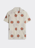 The Percival Sun Shirt in ecru, a lightweight camp collar shirt with an orange sun print, shown against a grey backdrop.