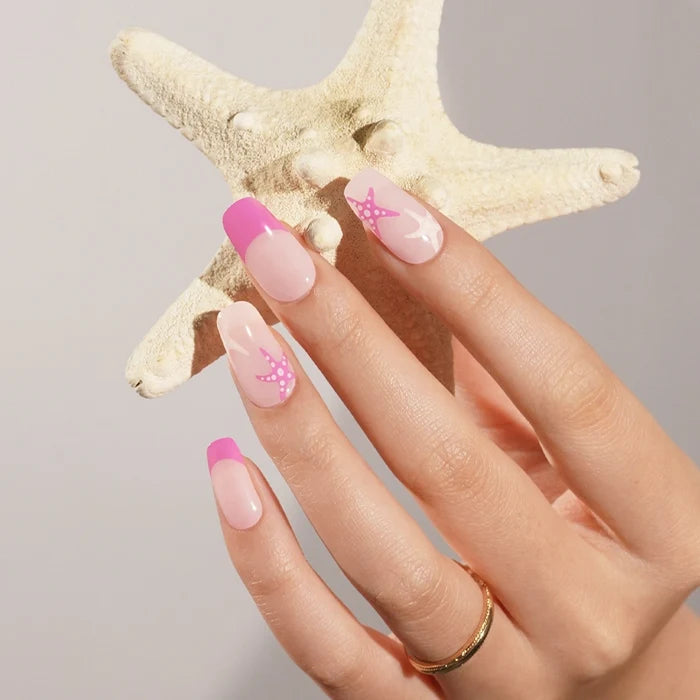 Stickers ongles en gel Geeli House Syan avec base blanche, étoiles de mer roses