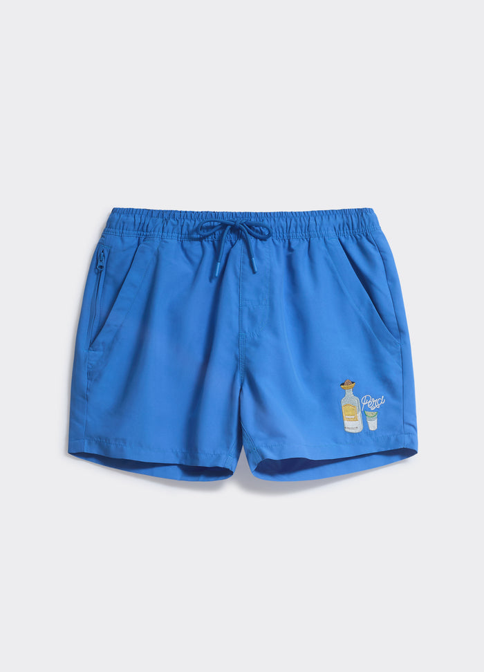 Blue Percival Tequila Bottle Shorts featuring an elasticated drawstring waist and bottle embroidery, shown laid flat.
