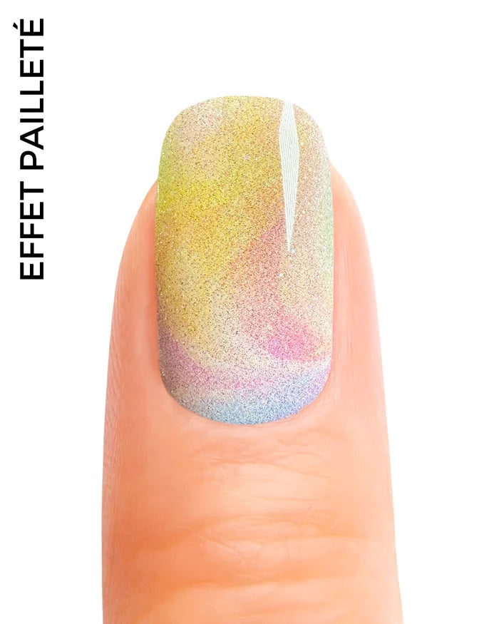 Stickers ongles gel effet sable pailleté multicolore aux teintes pastel fondues façon tornade artistique