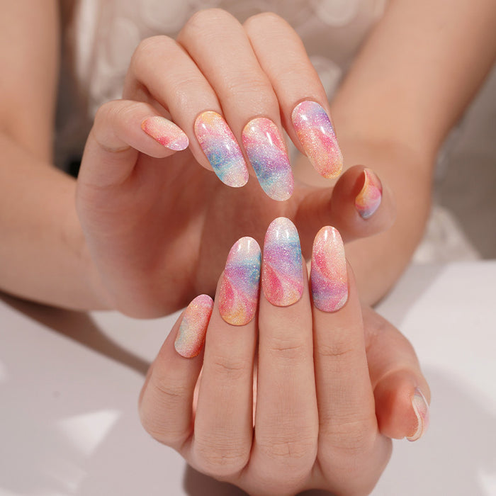 Stickers ongles gel effet sable pailleté multicolore aux teintes pastel fondues façon tornade artistique