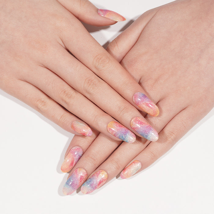Stickers ongles gel effet sable pailleté multicolore aux teintes pastel fondues façon tornade artistique