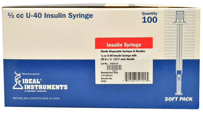 U - 40 Syringes with 29G x 1/2" Needles, Box of 100 - NEA2 - 0.5 cc - 4