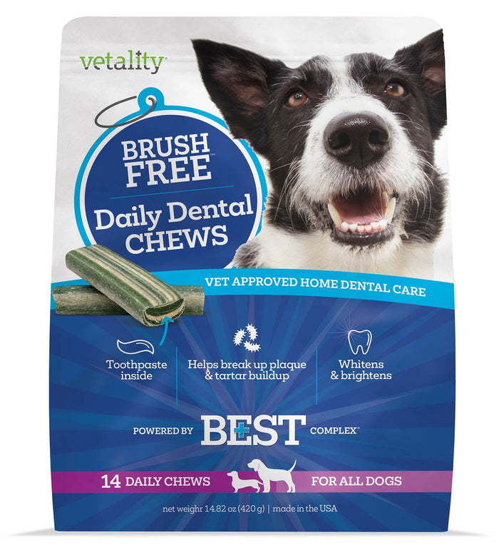 Vetality Brush Free Daily Dental Chews for Dogs, Plaque & Tartar Control, Fresh Breath - TVB2S - Mint - 14 ct - 1