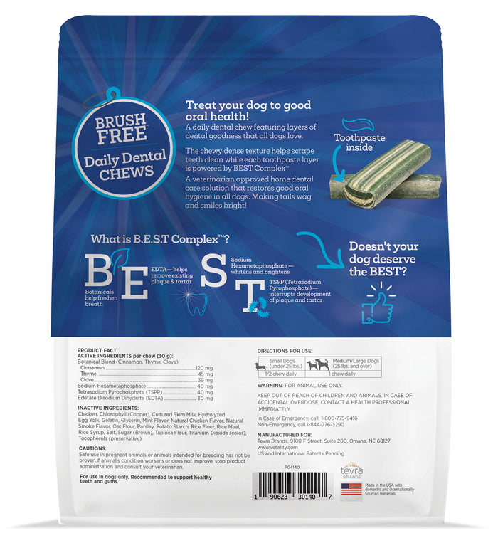 Vetality Brush Free Daily Dental Chews for Dogs, Plaque & Tartar Control, Fresh Breath - TVB2S - Mint - 14 ct - 2