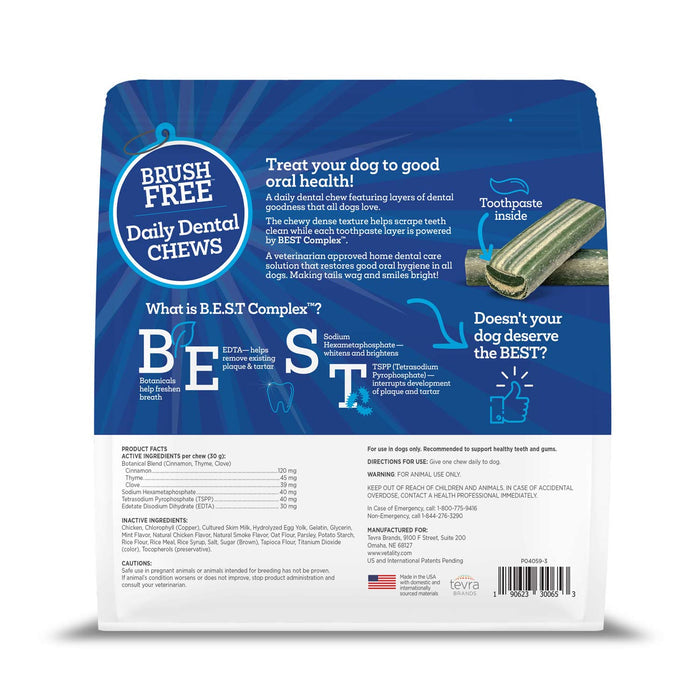 Vetality Brush Free Daily Dental Chews for Dogs, Plaque & Tartar Control, Fresh Breath - TVB3S - Mint - 30 ct - 4