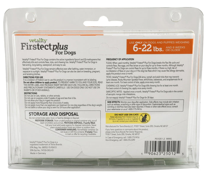 Vetality Firstect Plus for Dogs, 3 - pack - TVB1W - Dogs 6 - 22 lb - 2