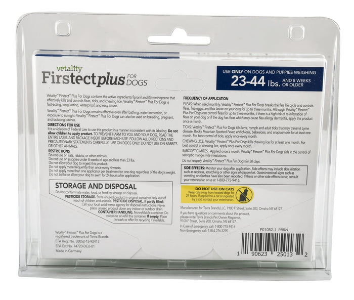Vetality Firstect Plus for Dogs, 3 - pack - TVB1X - Dogs 23 - 44 lb - 4