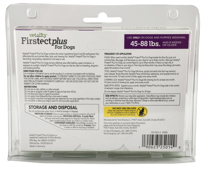 Vetality Firstect Plus for Dogs, 3 - pack - TVB1Z - Dogs 45 - 88 lb - 6