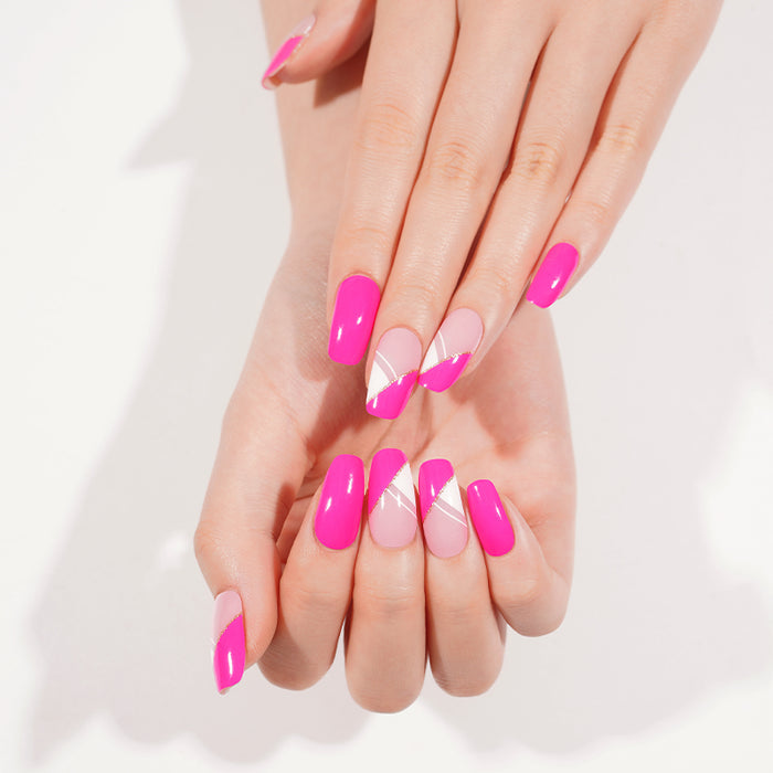 Stickers ongles en gel Vibella Geeli House avec rose fuchsia, motif blanc stylisé et trait pailleté