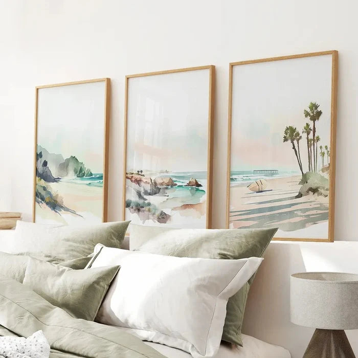 Watercolor Beach Art. Set of 3 Tropical Ocean Scene Decor Wall Art Set