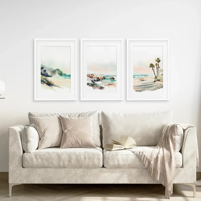 Watercolor Beach Art. Set of 3 Tropical Ocean Scene Decor Wall Art Set
