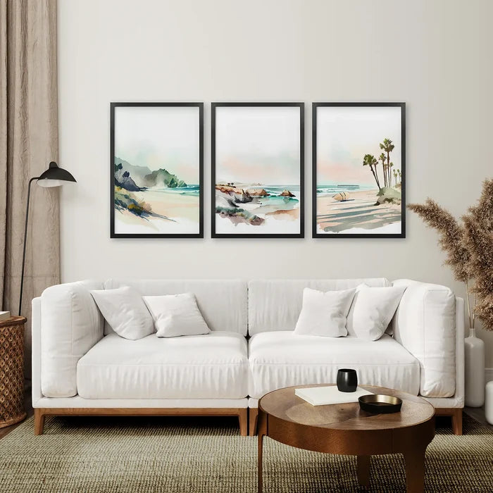Watercolor Beach Art. Set of 3 Tropical Ocean Scene Decor Wall Art Set