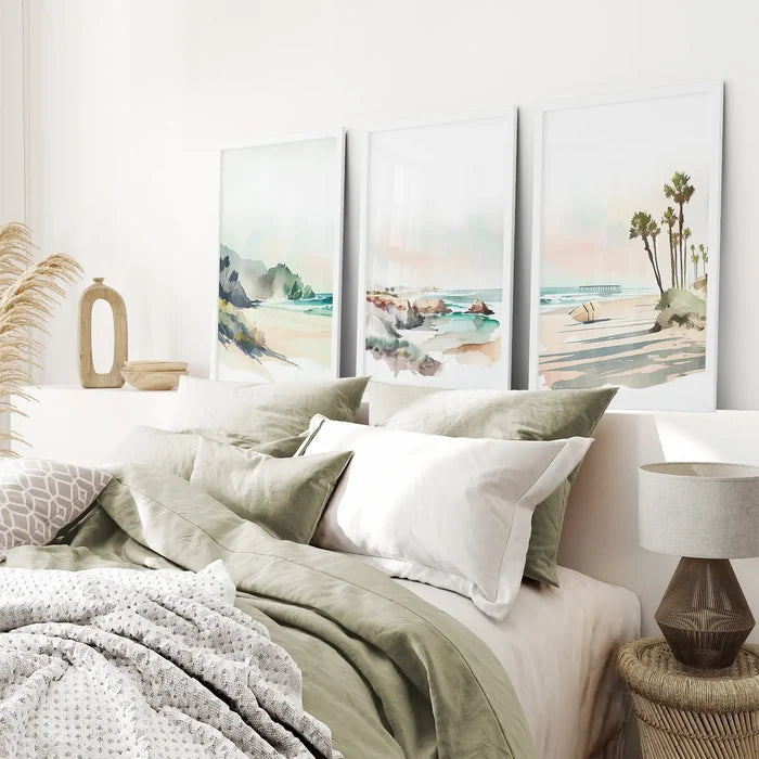 Watercolor Beach Art. Set of 3 Tropical Ocean Scene Decor Wall Art Set