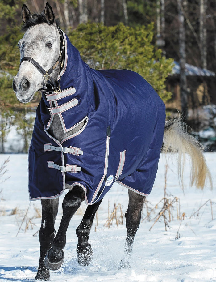 WeatherBeeta ComFITec Essential Combo Neck Heavy Weight Horse Blanket, 1200D, 360 Gram - 0V4ZU - 69 in - Navy with Silver/Red Trim - 1