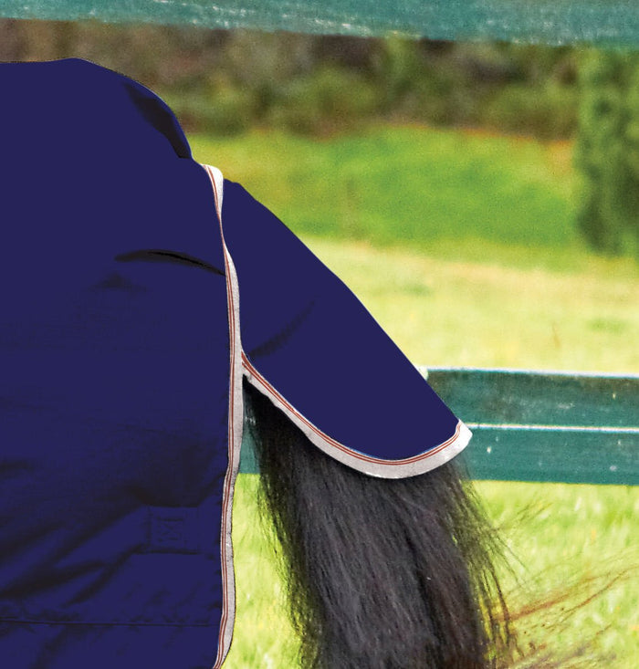 WeatherBeeta ComFiTec Essential Combo Neck Medium Weight Horse Blanket, 1200D, 220 Gram - 0VALJ - 84 in - Navy with Silver/Red Trim - 2