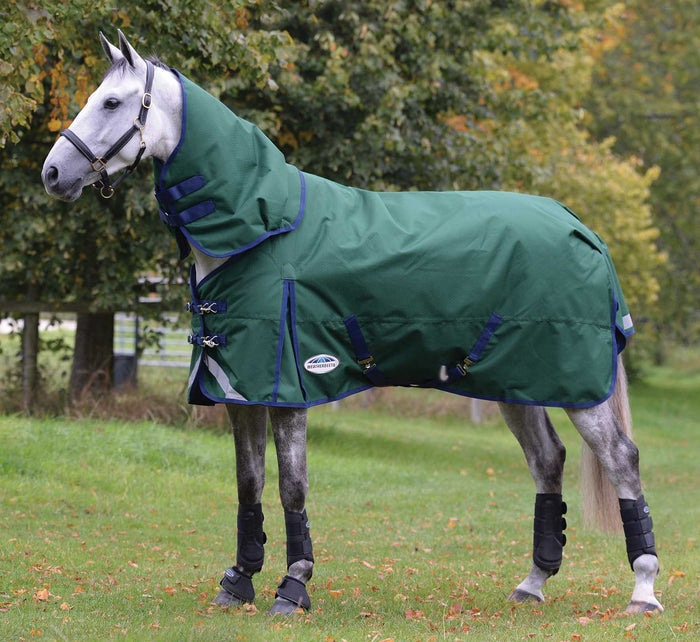 Weatherbeeta ComFITec Plus Dynamic II Detach - A - Neck Heavy Turnout Blanket for Horses, 1200D, 360 Gram - 0V5GP - 69 in - Hunter Green with Navy Trim - 1