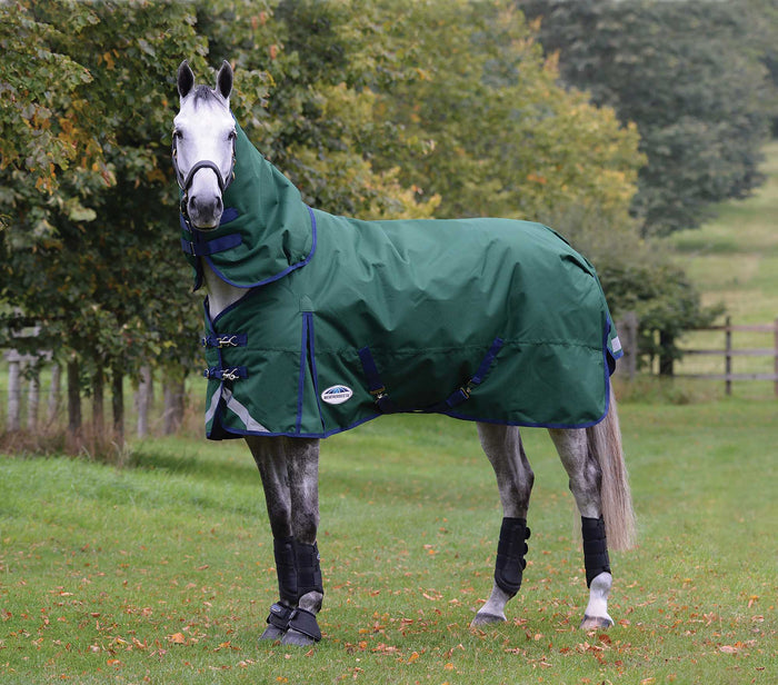Weatherbeeta ComFITec Plus Dynamic II Detach - A - Neck Heavy Turnout Blanket for Horses, 1200D, 360 Gram - 0V5GP - 69 in - Hunter Green with Navy Trim - 2