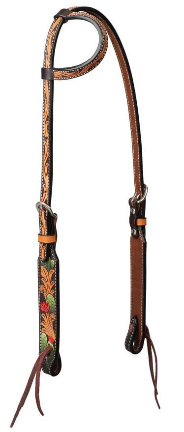 Weaver Turquoise Cross Cactus Sliding Ear Headstall - W2AF7 - Brown - Horse - 1