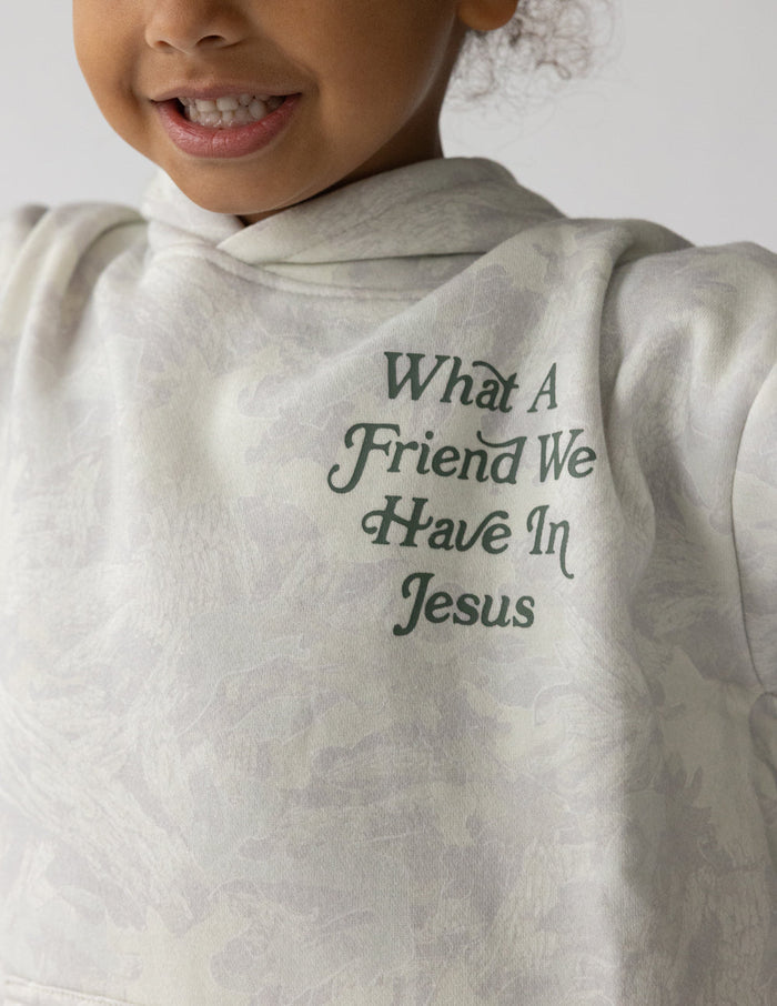 What a Friend in Jesus Camo Kids Hoodie Elevated Faith