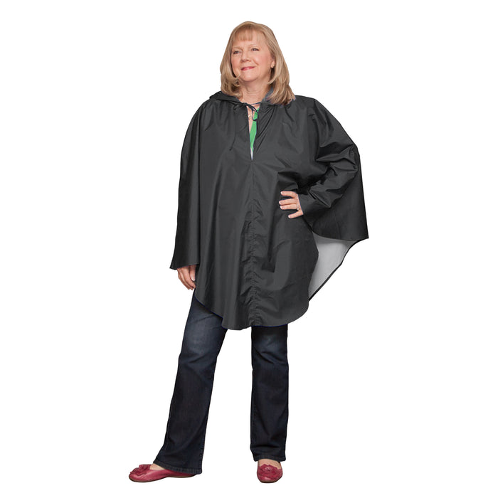 Women's Poncho in Black, hood down